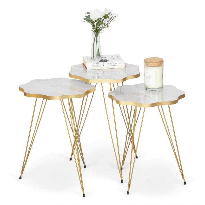Mdf Wood Daisy Nesting Table With Metal Stand Set of 3 Round table Table Decoration