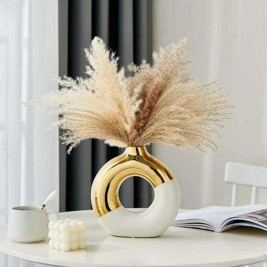 Ceramic Donut Vase Decor: White & Gold Round Vase Large Flower