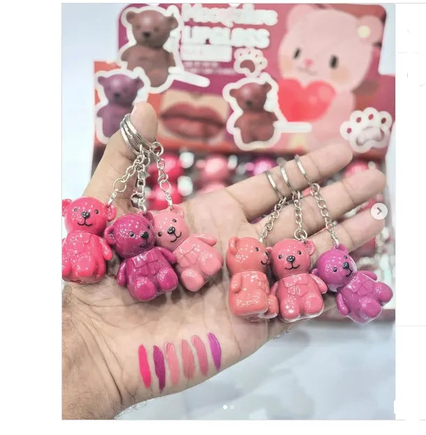 Korean Bear Style Keychain Matte 6 Lipgloss Waterproof Long Lasting Lip Gloss Cute Bear