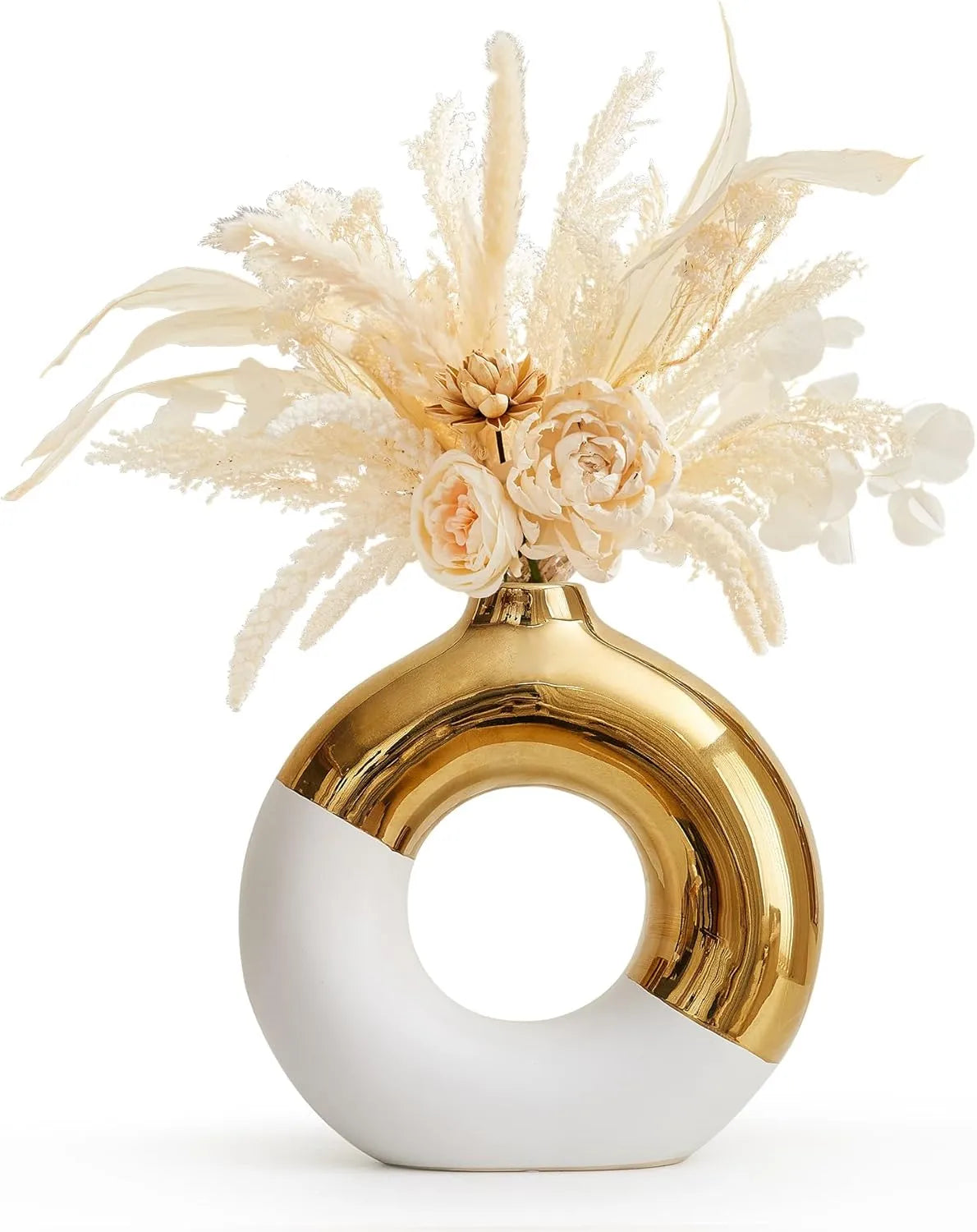 Ceramic Donut Vase Decor: White & Gold Round Vase Large Flower