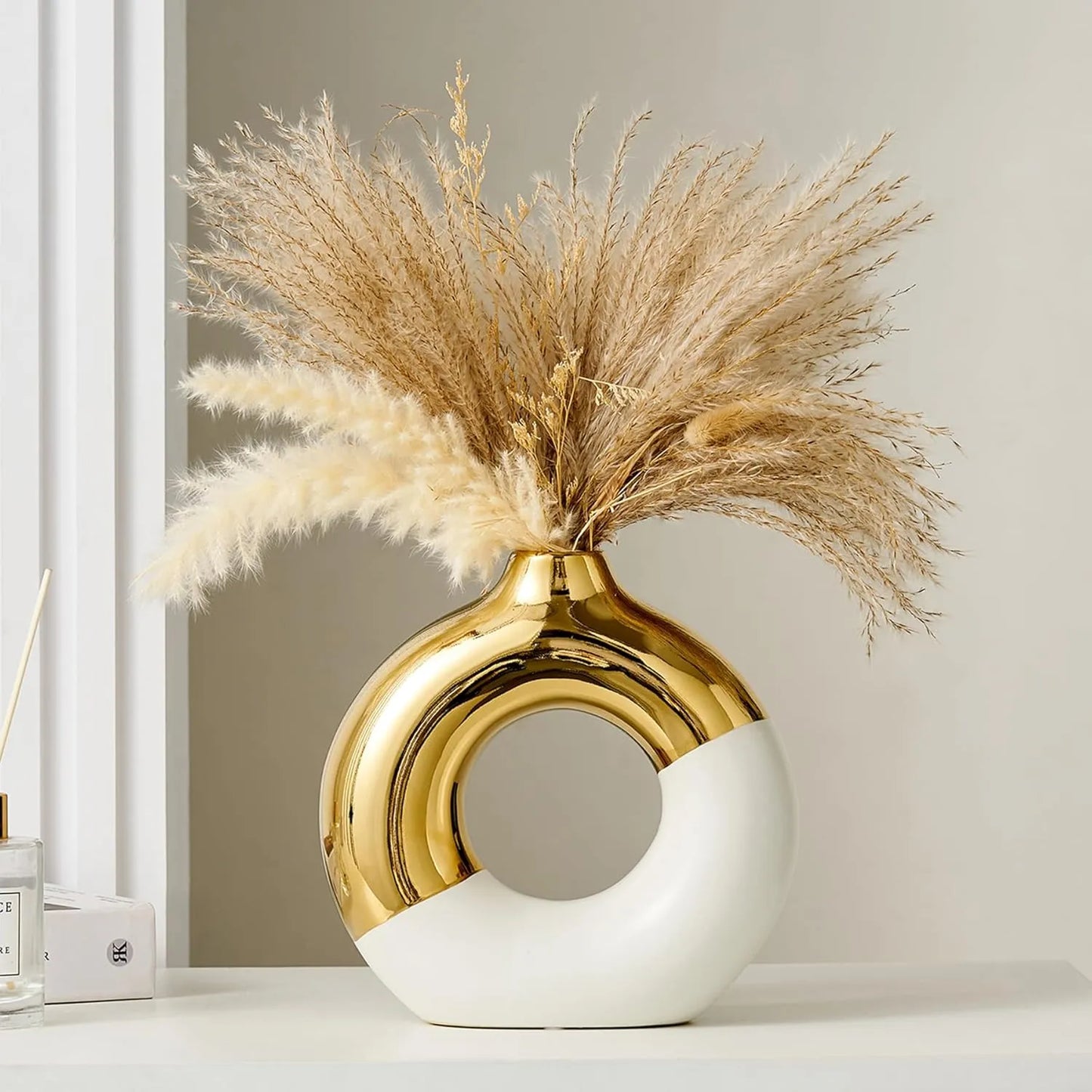 Ceramic Donut Vase Decor: White & Gold Round Vase Large Flower