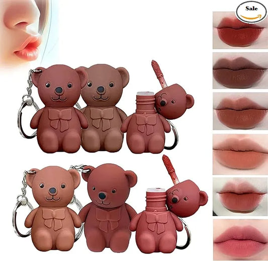 Korean Bear Style Keychain Matte 6 Lipgloss Waterproof Long Lasting Lip Gloss Cute Bear