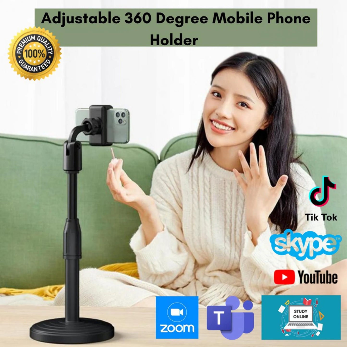 Adjustable Mobile Phone Stand with Microphone Holder for Table Desk Bed Black
